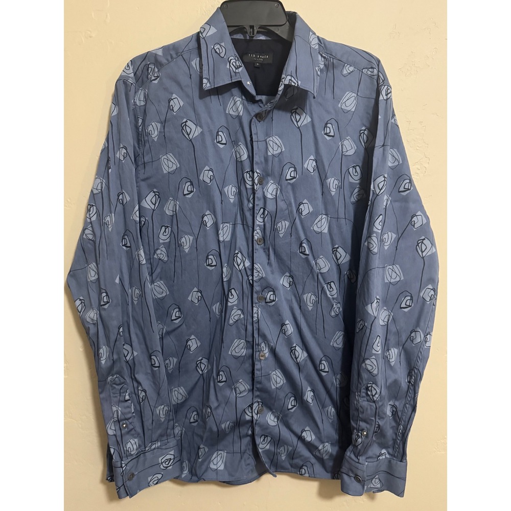 Ted Baker shirt 5 XL blue abstract rose sketch stretch cotton designer SS23